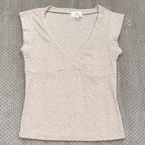 Casual Beige V-Neck Short Sleeve Top